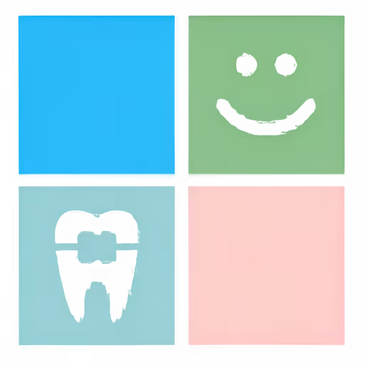 Four colored squares with abstract black shapes resembling eyes and a mouth in the top right and bottom left squares.